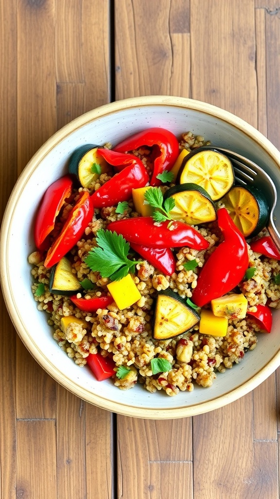 A vibrant quinoa salad with roasted vegetables like bell peppers and zucchini, garnished with parsley, on a rustic table.